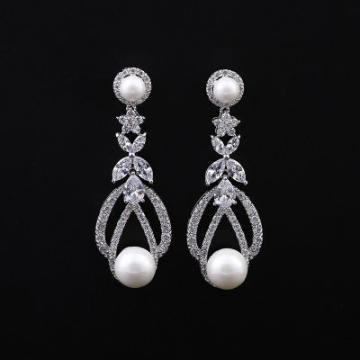 Zircon pierced pearl earrings earrings female 925 silver white gold zircon earrings pearl earrings-Jewearrings