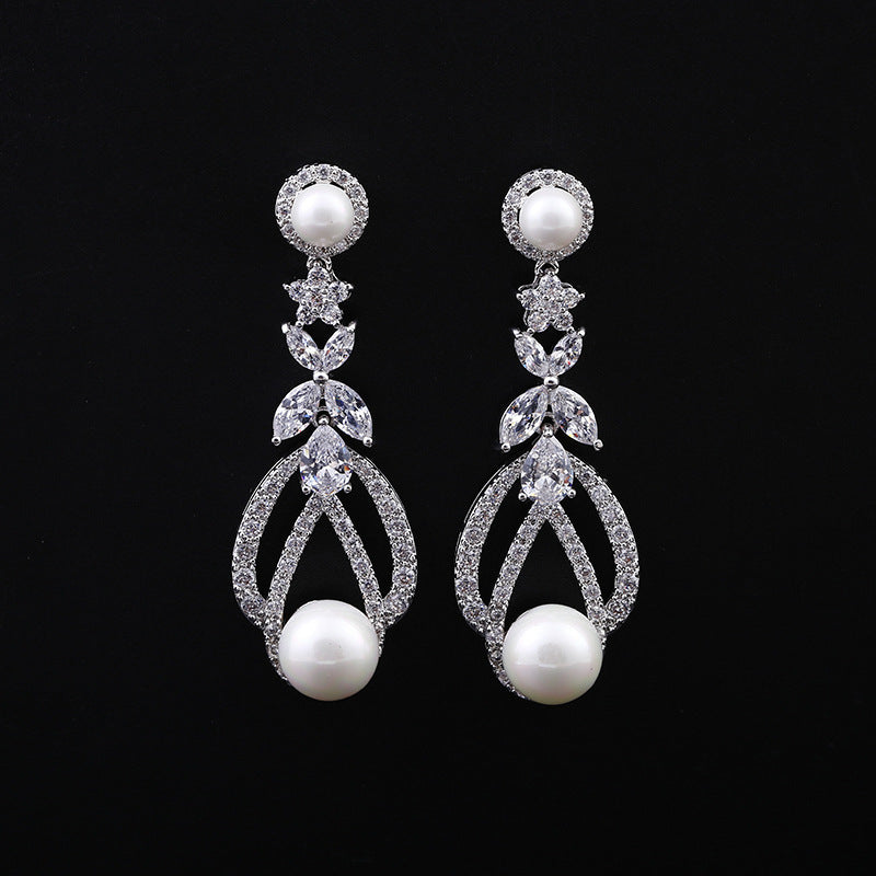 Zircon pierced pearl earrings earrings female 925 silver white gold zircon earrings pearl earrings-Jewearrings