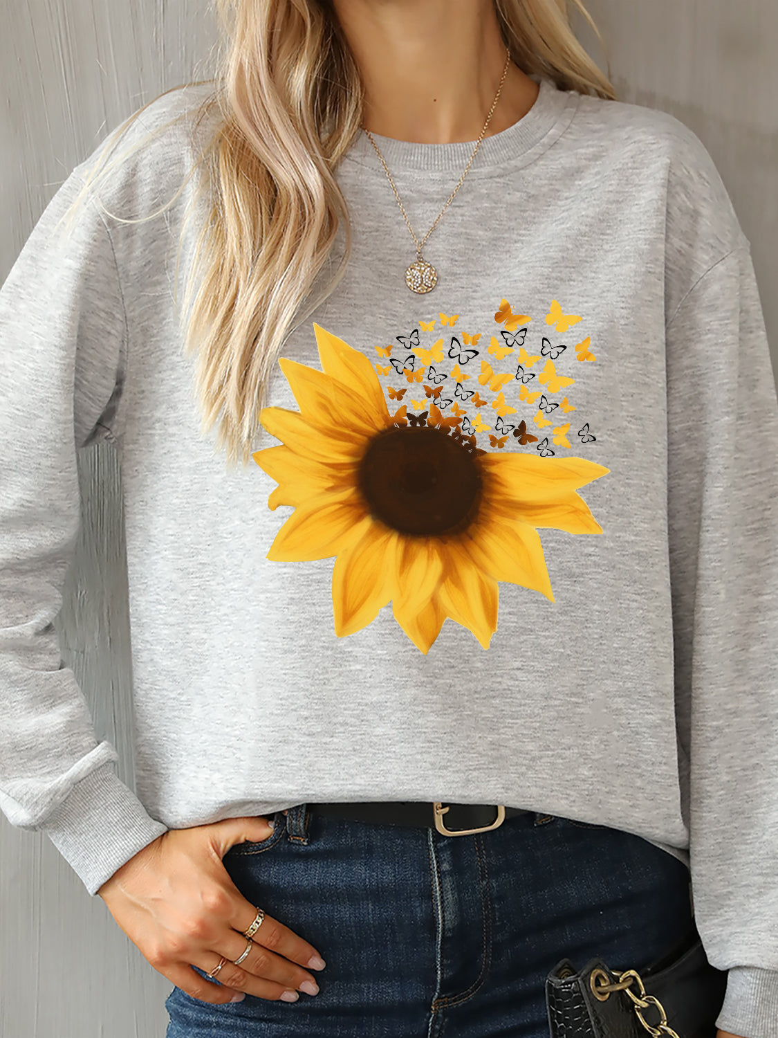 Sunflower Round Neck Dropped Shoulder Sweatshirt-Jewearrings