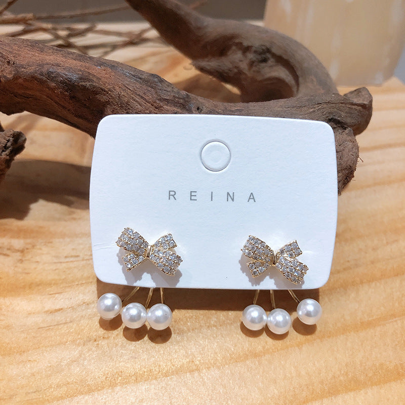 Korea All-match Rhinestone Pearl Bow Earrings-Jewearrings