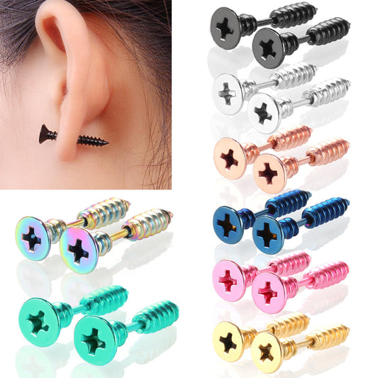 Stainless Steel Personalized Hip Hop Screw Stud Earrings-Jewearrings