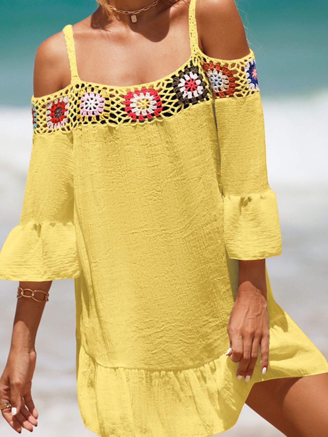 Crochet Cold Shoulder Three-Quarter Sleeve Cover Up-Jewearrings