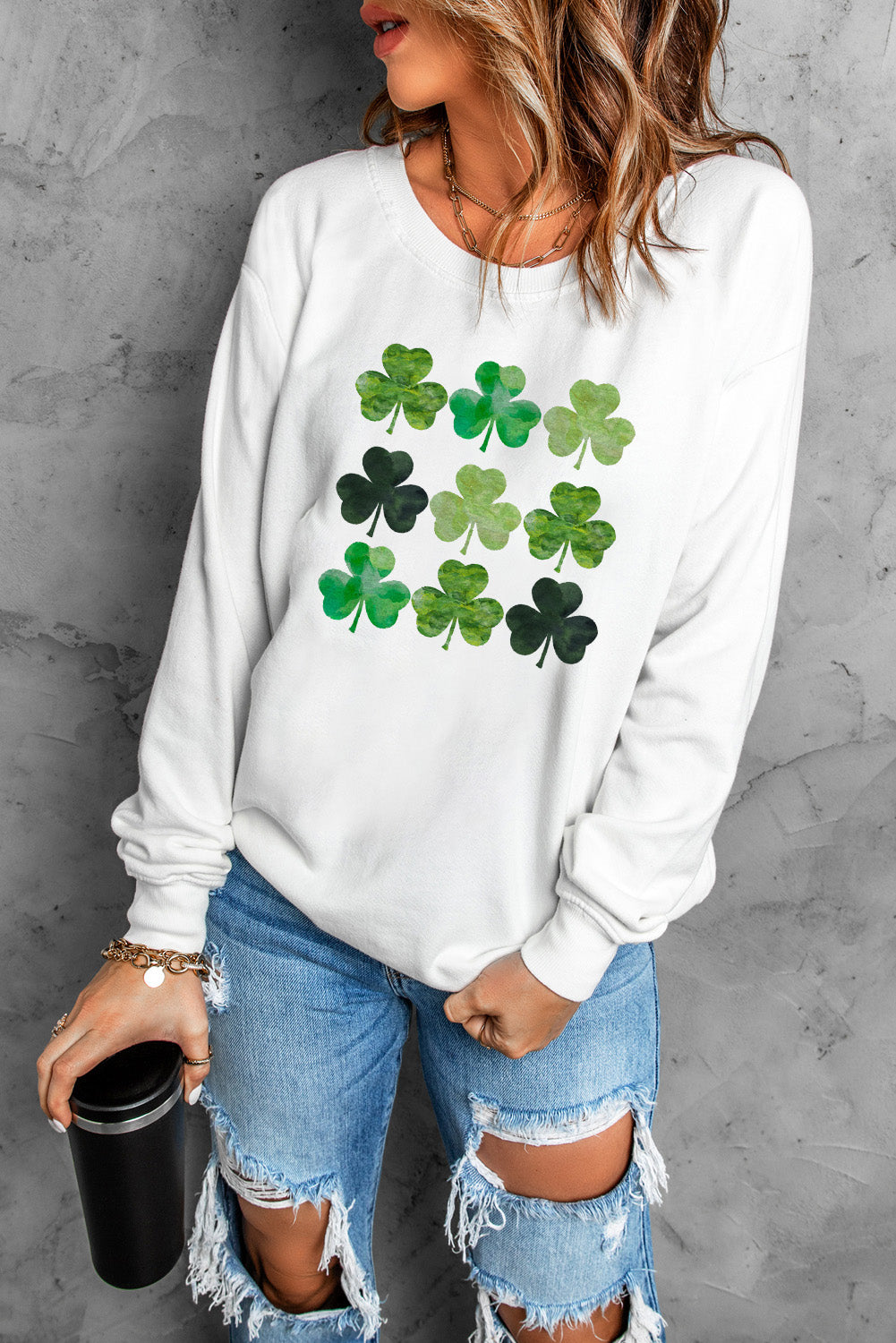 Lucky Clover Round Neck Dropped Shoulder Sweatshirt-Jewearrings