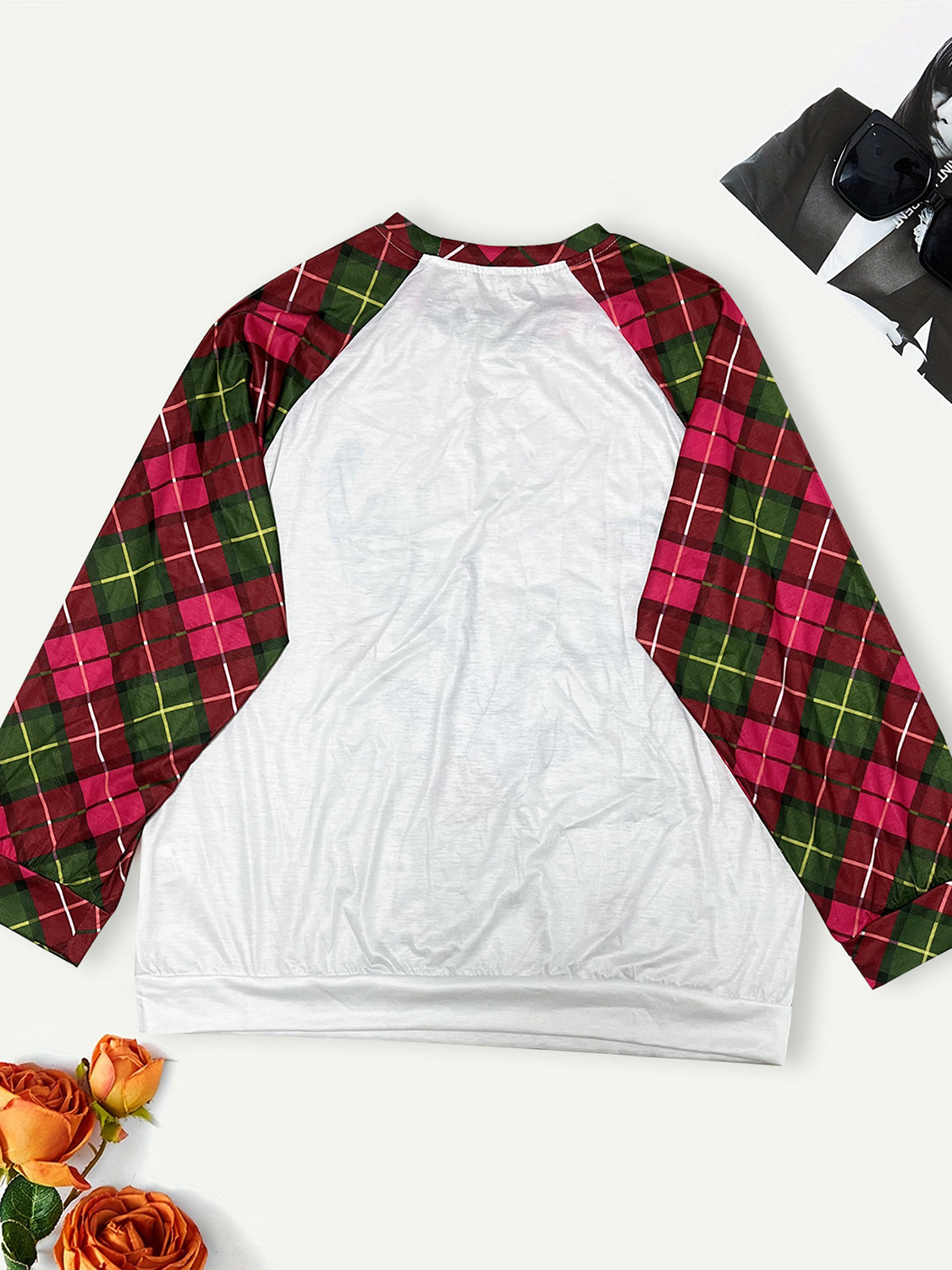 Plus Size Reindeer Graphic Plaid Long Sleeve T-Shirt-Jewearrings