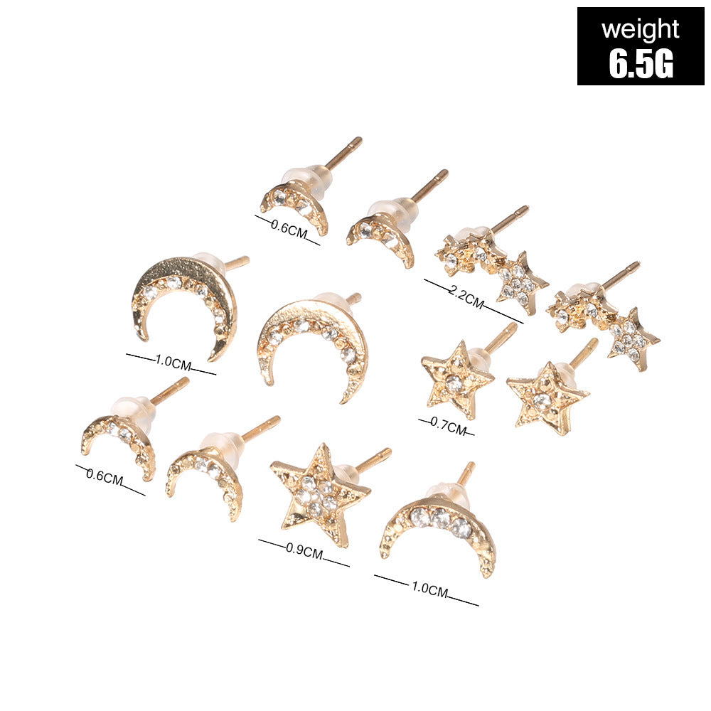 Stars And Moon With Diamonds 6 Pairs Of Stud Earrings-Jewearrings