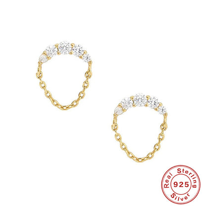 S925 Sterling Silver INS Style Chain Fringed Zircon Stud Earrings-Jewearrings