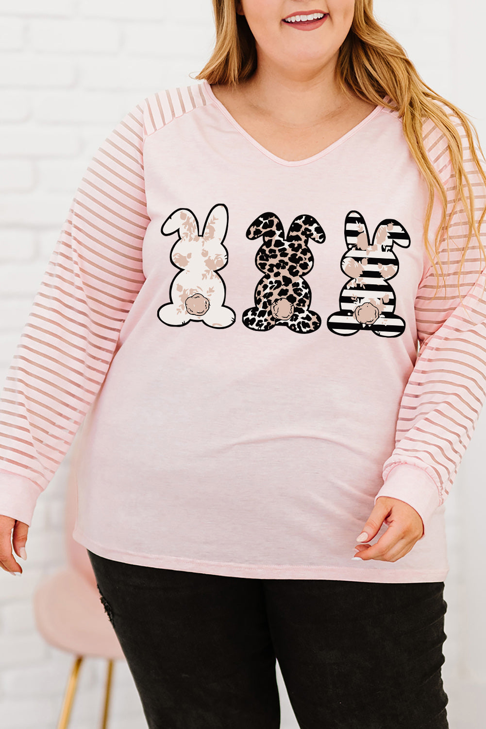 Plus Size Rabbit Graphic Long Raglan Sleeve Easter Tee-Jewearrings