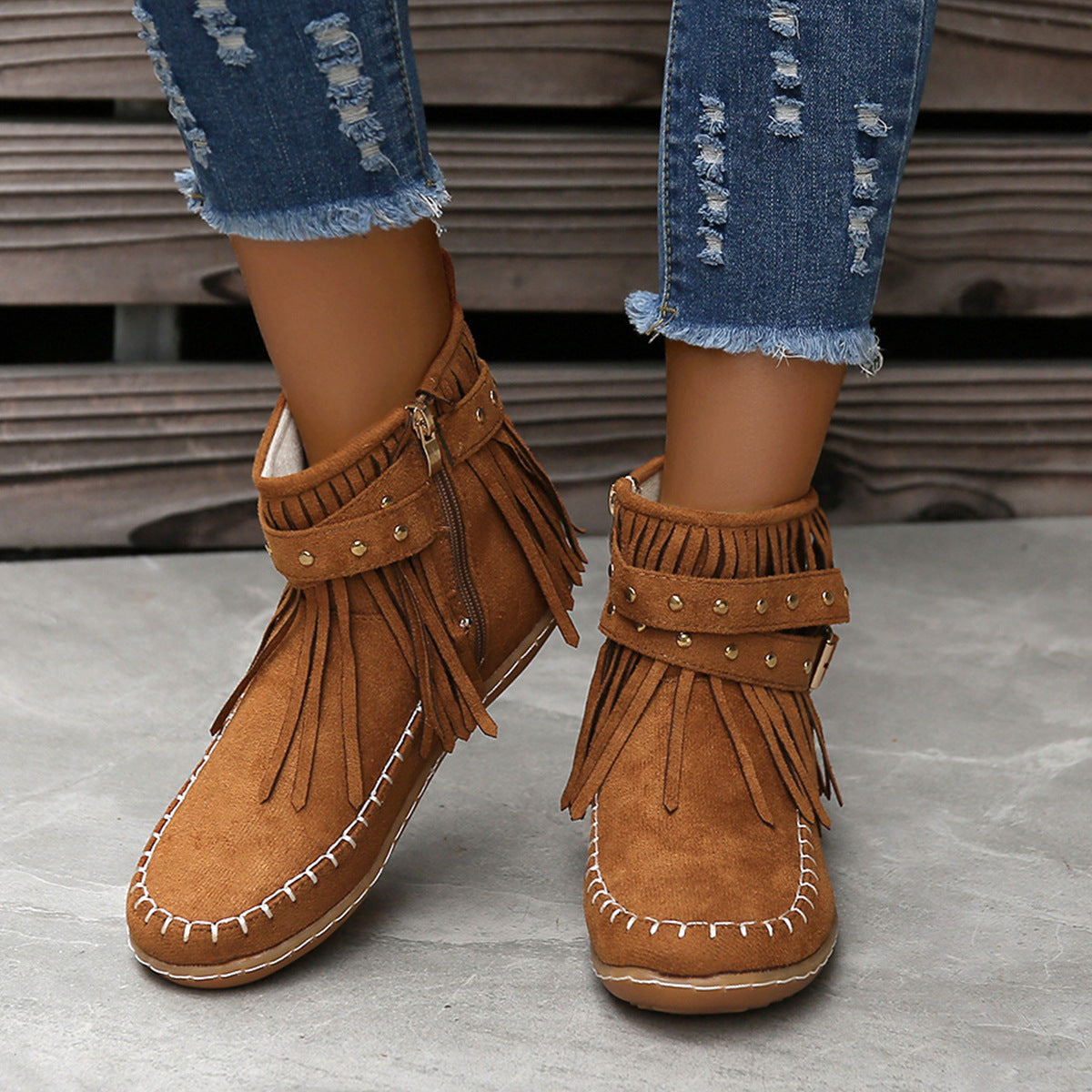 Studded Fringe Round Toe Boots-Jewearrings