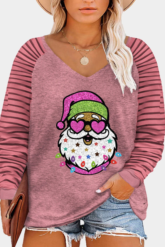 Plus Size Santa Graphic Striped Long Sleeve T-Shirt-Jewearrings