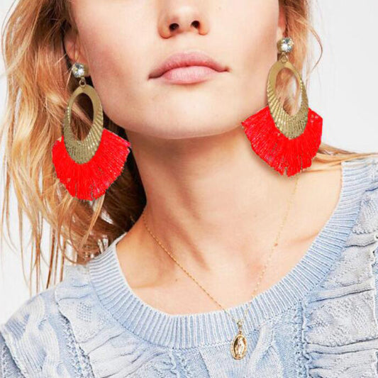 Women's Fringed Fan-shaped Gold Earrings With Rhinestones-Jewearrings