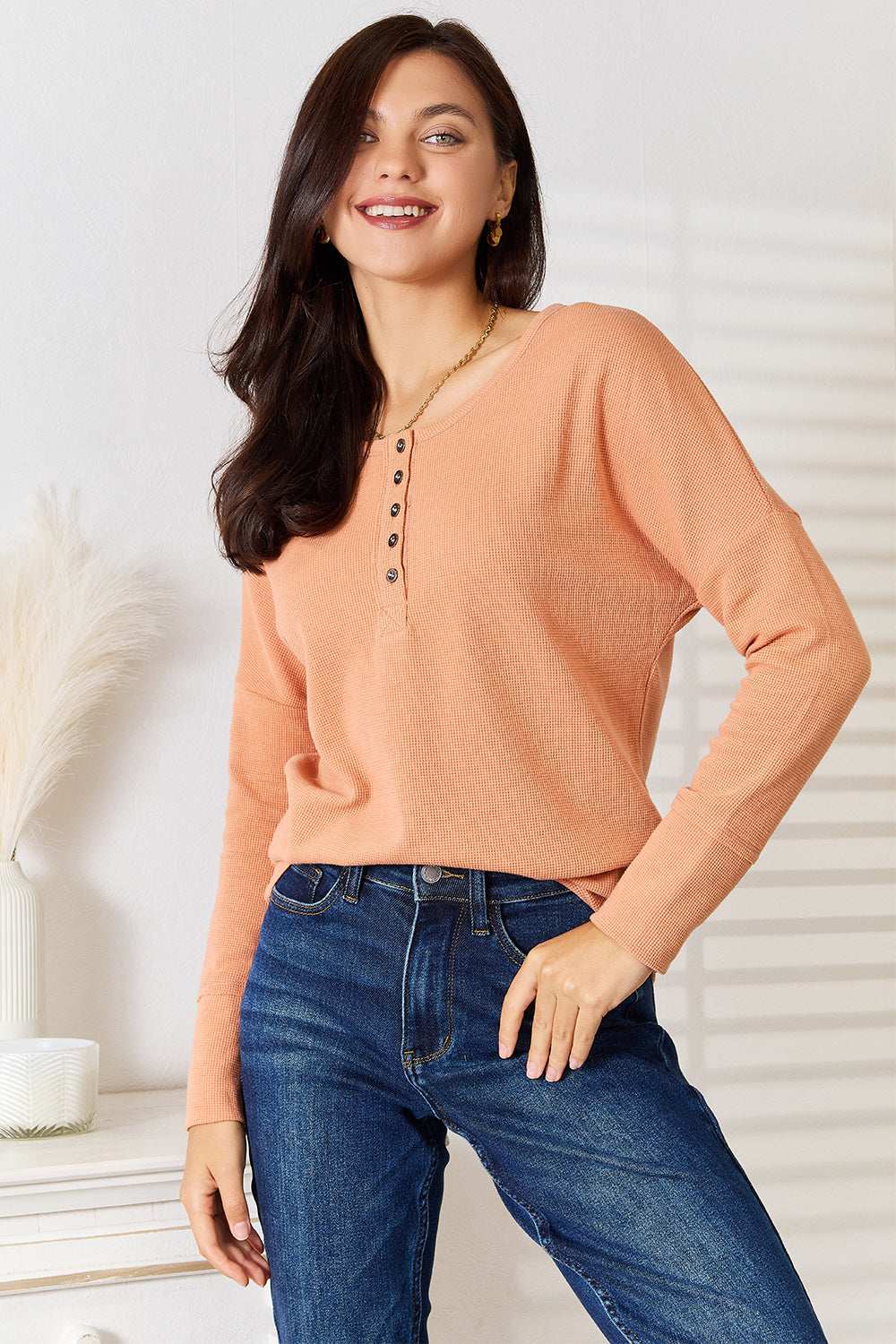 Basic Bae Half Button Long Sleeve Top-Jewearrings