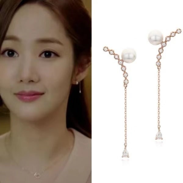 Temperament earrings Korean drama gold secretary Park Min-ying with the earrings Pearl long earrings-Jewearrings