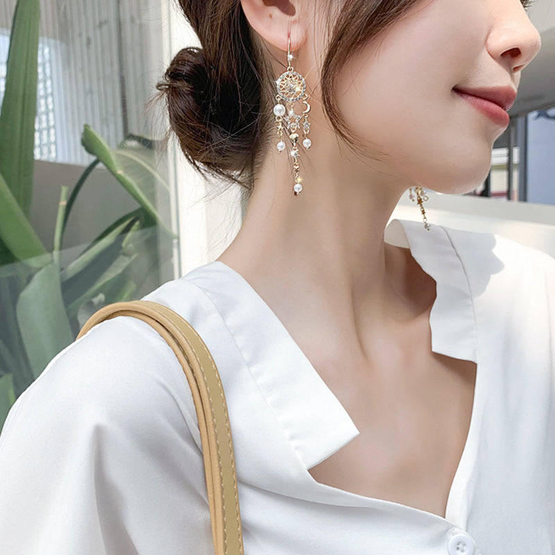 Pearl tassel star and moon earrings-Jewearrings