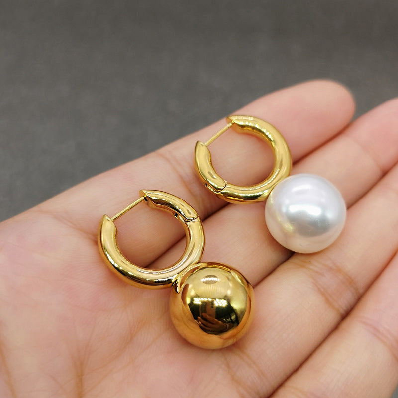 Pearl Earrings Round Face European And American Brass 18K-Jewearrings