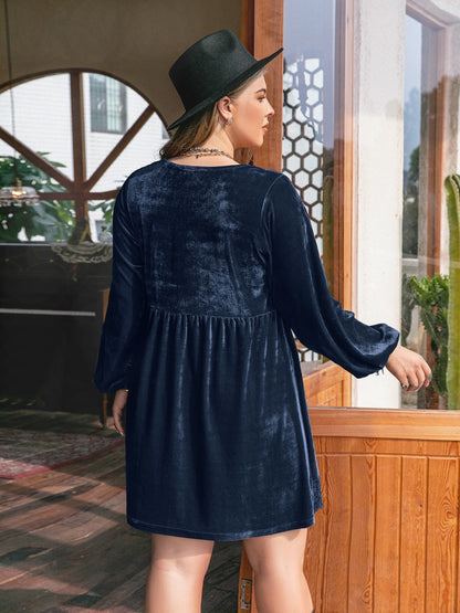 Plus Size Lace Detail V-Neck Balloon Sleeve Mini Dress-Jewearrings