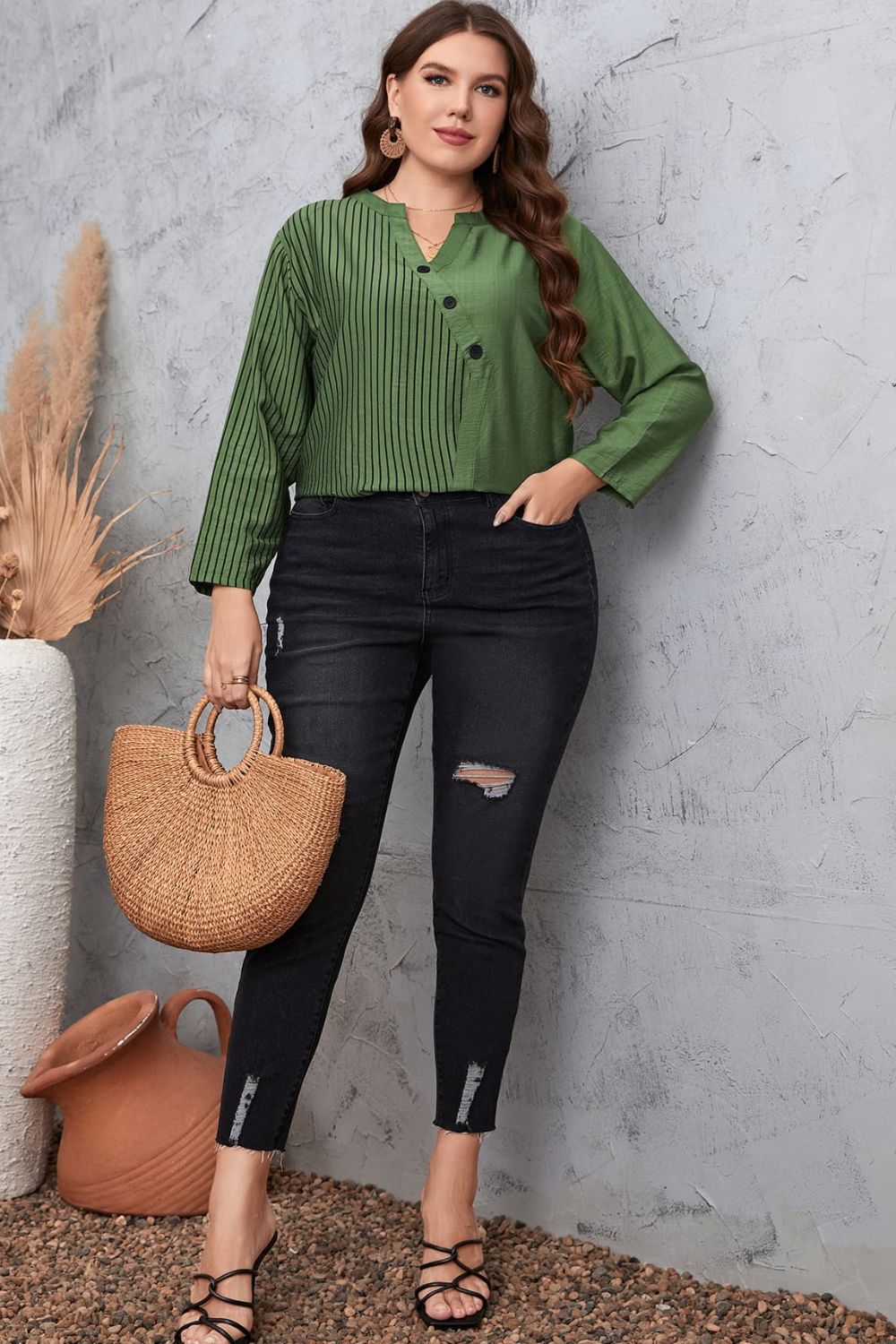 Plus Size Striped Notched Neck Top-Jewearrings