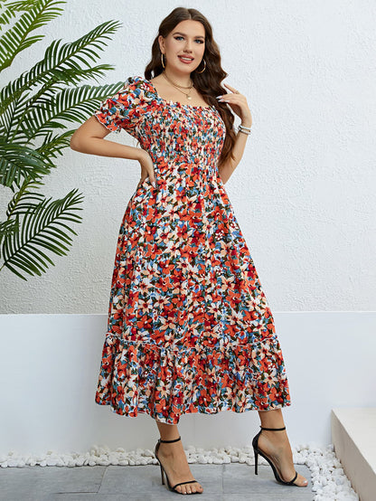 Plus Size Floral Smocked Square Neck Dress-Jewearrings