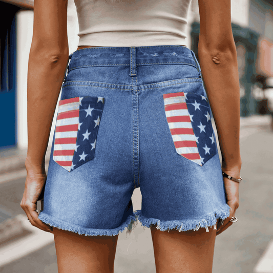 US Flag Distressed Denim Shorts-Jewearrings