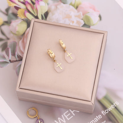 Natural Stone Cross Earrings Female Personality-Jewearrings