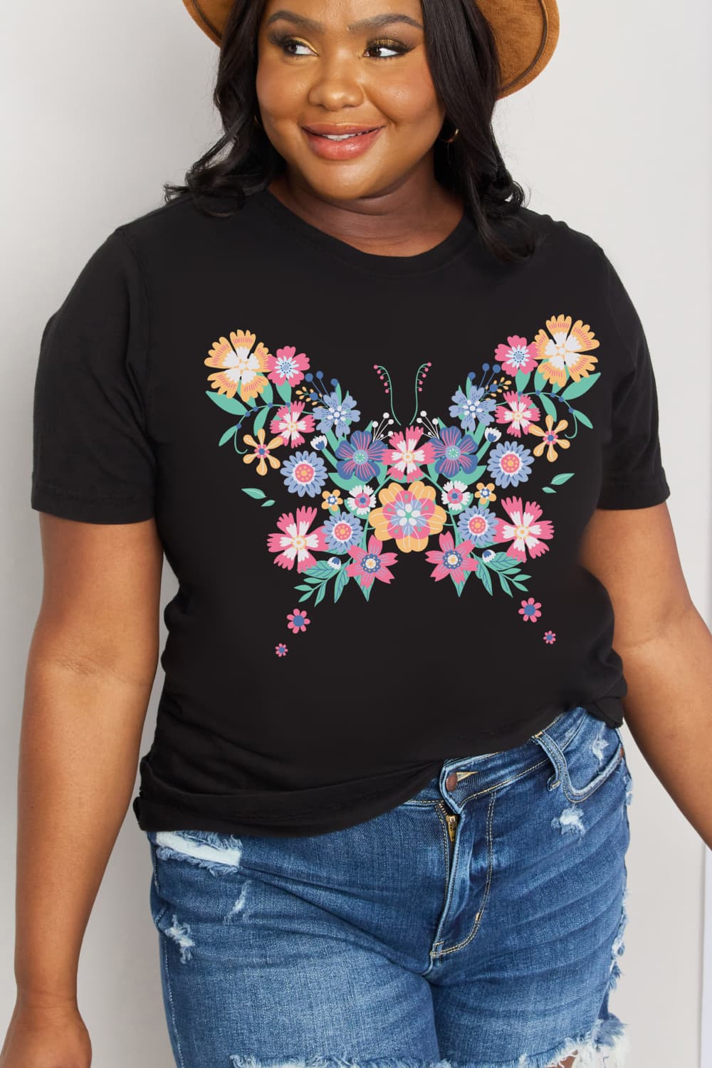 Simply Love Simply Love Full Size Flower Butterfly Graphic Cotton Tee-Jewearrings