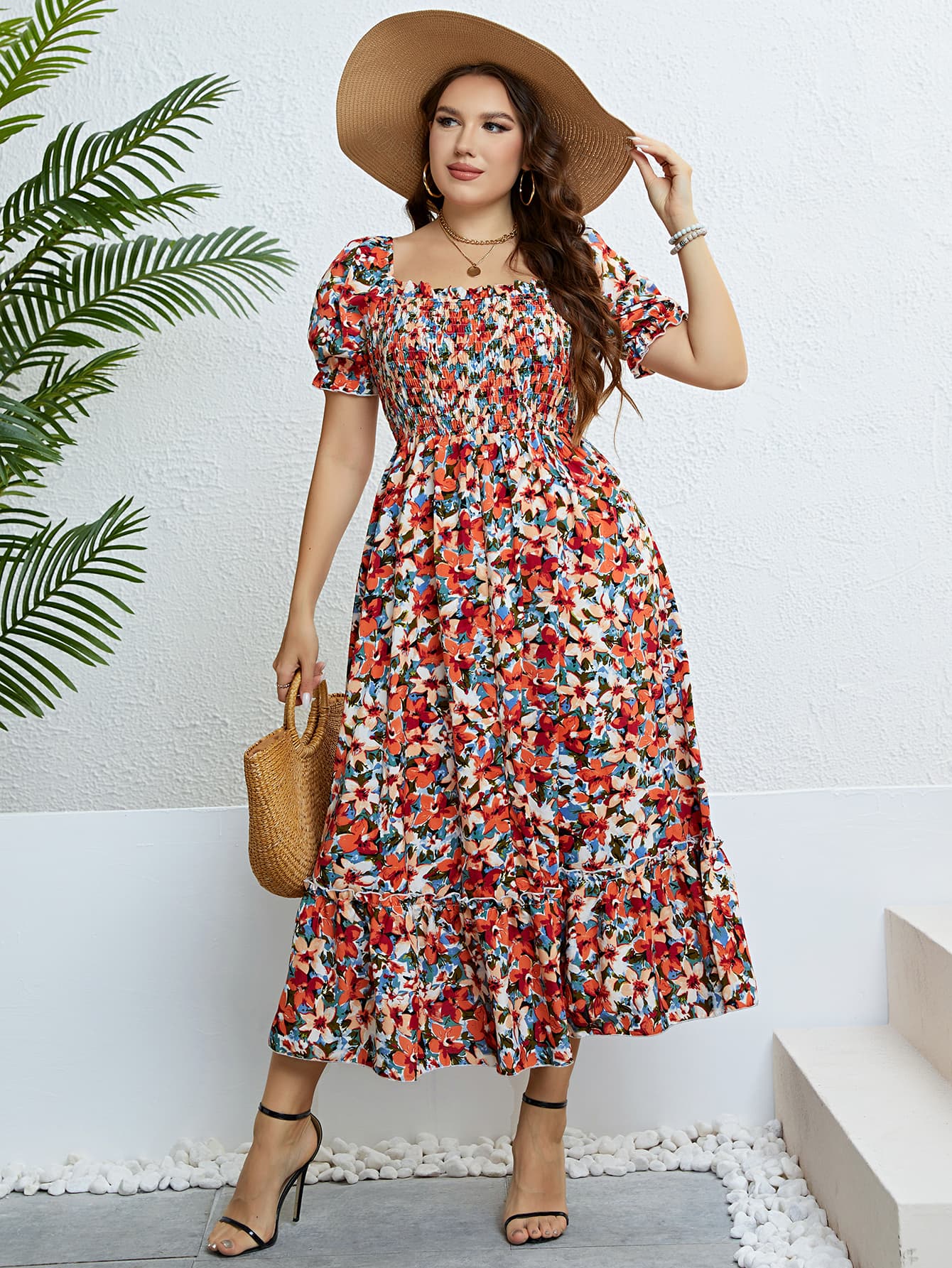 Plus Size Floral Smocked Square Neck Dress-Jewearrings