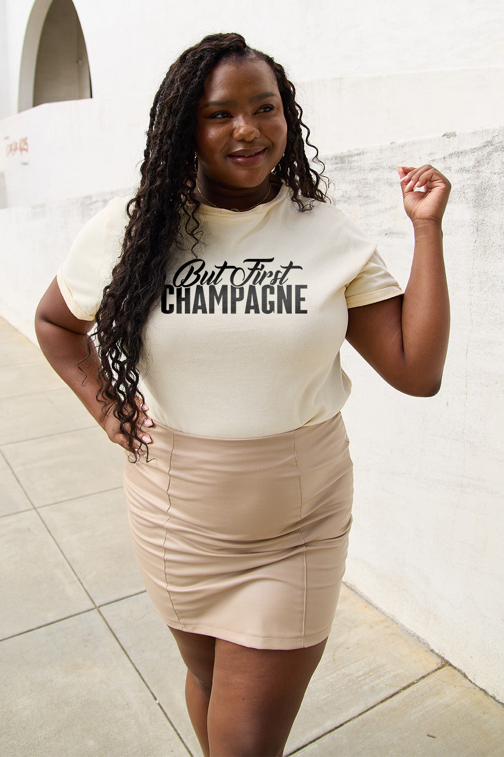 Simply Love Full Size BUT FIRST CHAMPAGNE Round Neck T-Shirt-Jewearrings