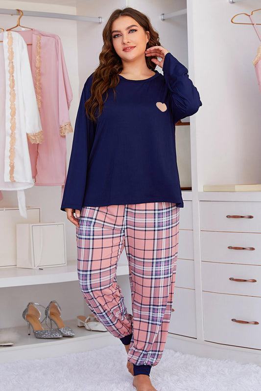 Plus Size Heart Graphic Top and Plaid Joggers Lounge Set-Jewearrings