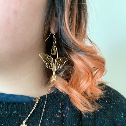 Gold Moth Earrings Laser Cut Brass Charm Clip On-Jewearrings