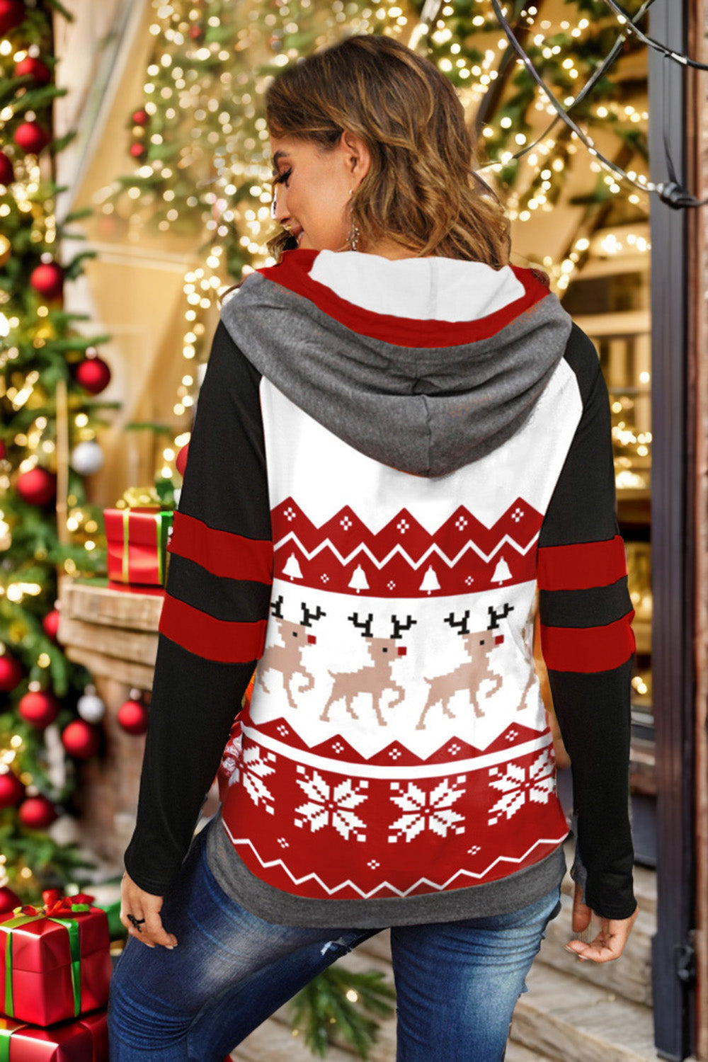 Double Take Full Size Christmas Drawstring Long Sleeve Hoodie-Jewearrings