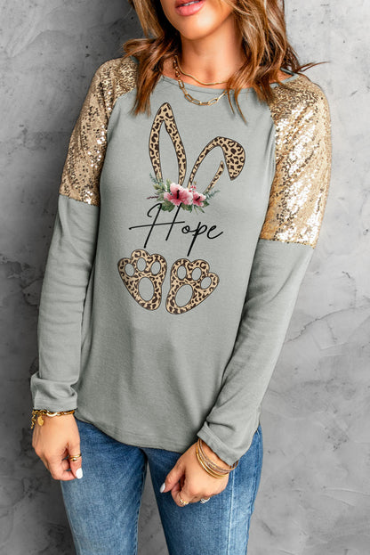 Leopard Sequin Round Neck Long Sleeve Top-Jewearrings