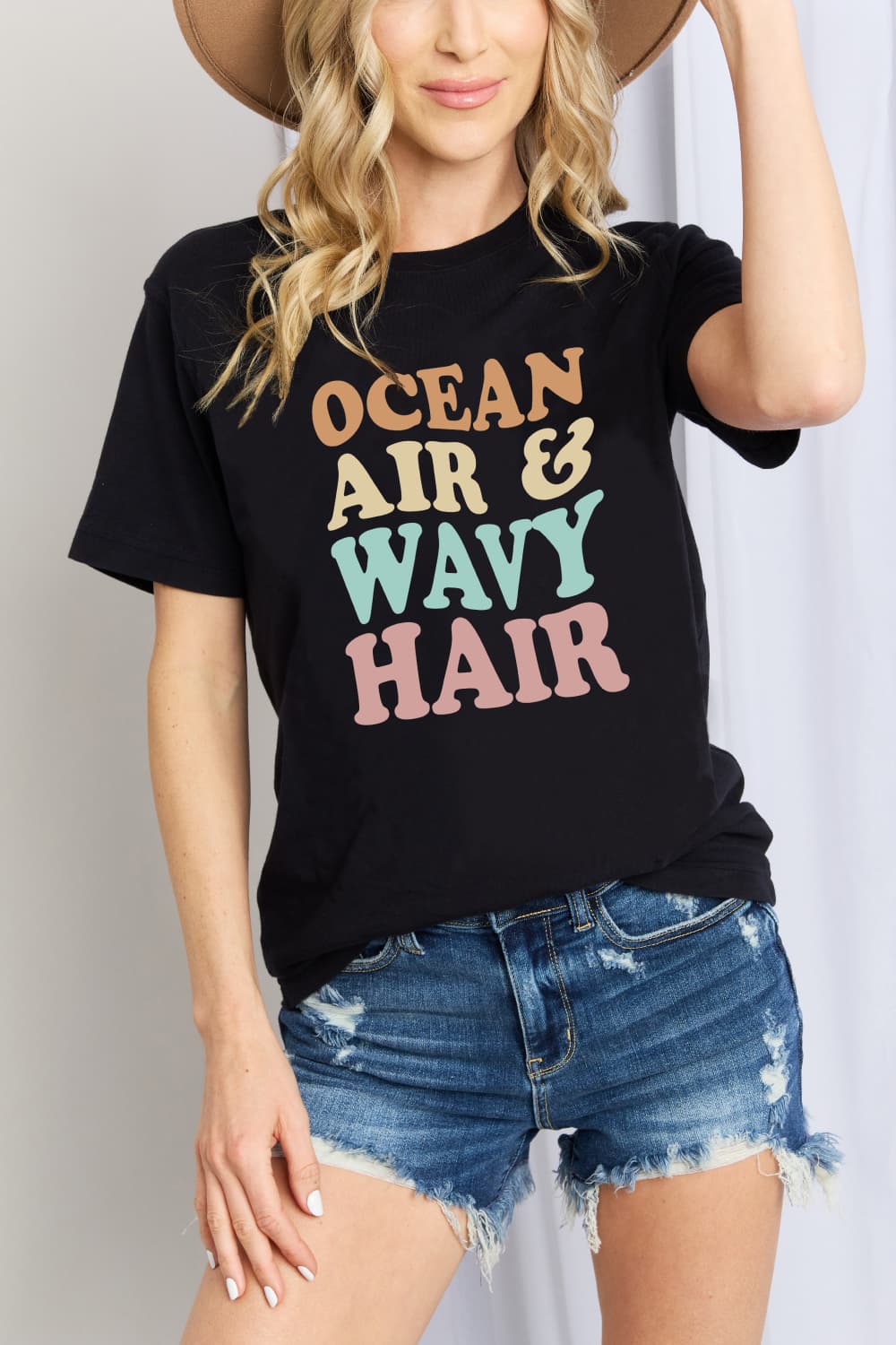 Simply Love Full Size OCEAN AIR & WAVY HAIR Graphic Cotton T-Shirt-Jewearrings