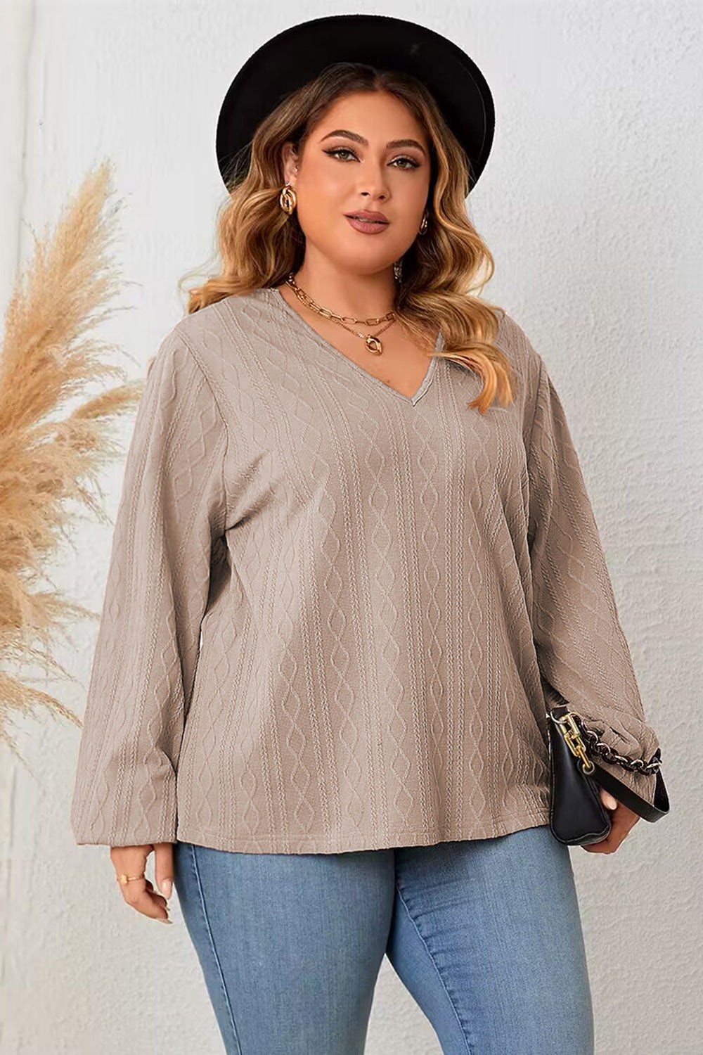 Plus Size Lace Detail V-Neck Long Sleeve Blouse-Jewearrings