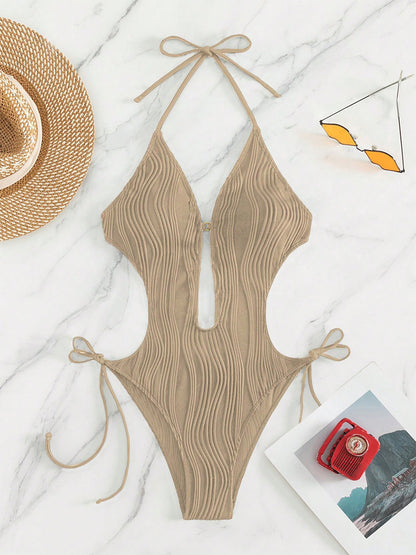 Textured Cutout Tied One-Piece Swimwear-Jewearrings