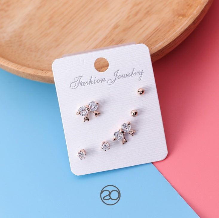 Japan and South Korea mini series set bow earrings 6 sets of stars flowers shine zircon earrings small ear bone nails-Jewearrings