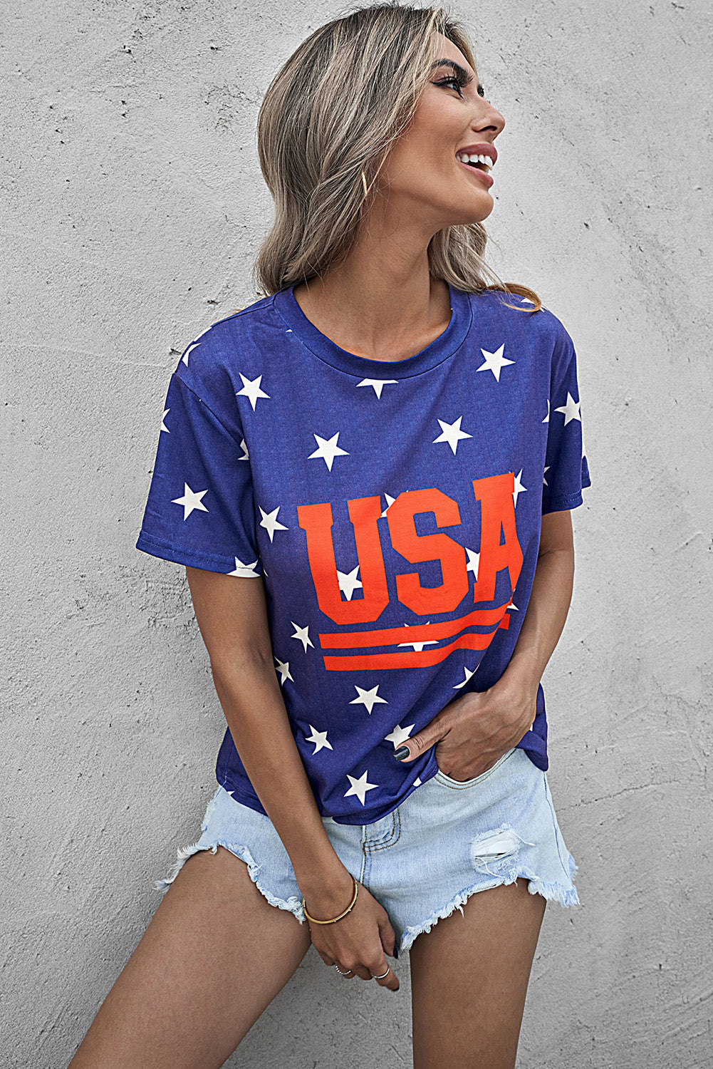 USA Star Print Round Neck T-Shirt-Jewearrings