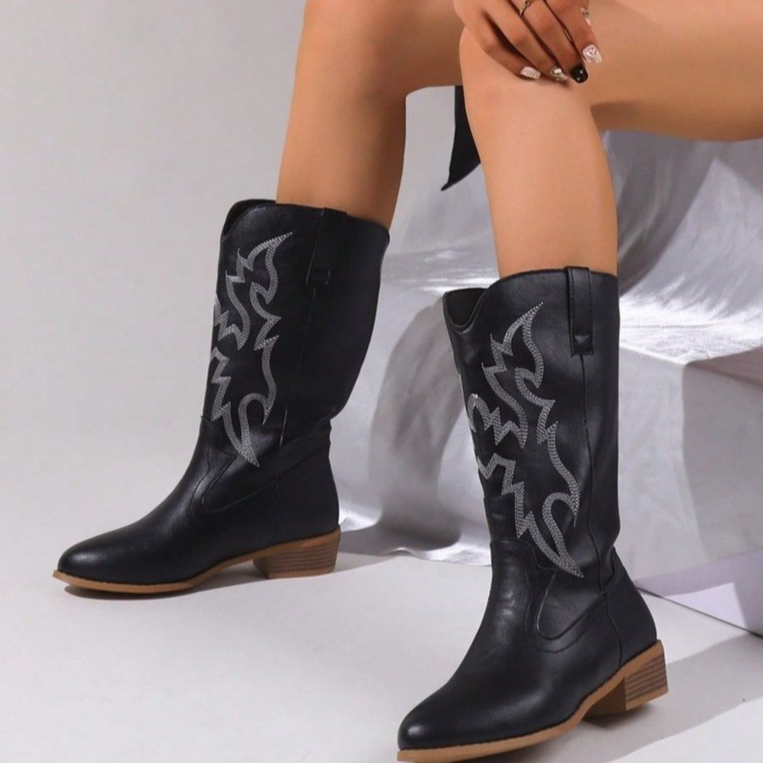 Embroidered Stitch Block Heel Cowboy Boots-Jewearrings