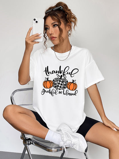 Round Neck Short Sleeve Fall Season Graphic T-Shirt-Jewearrings