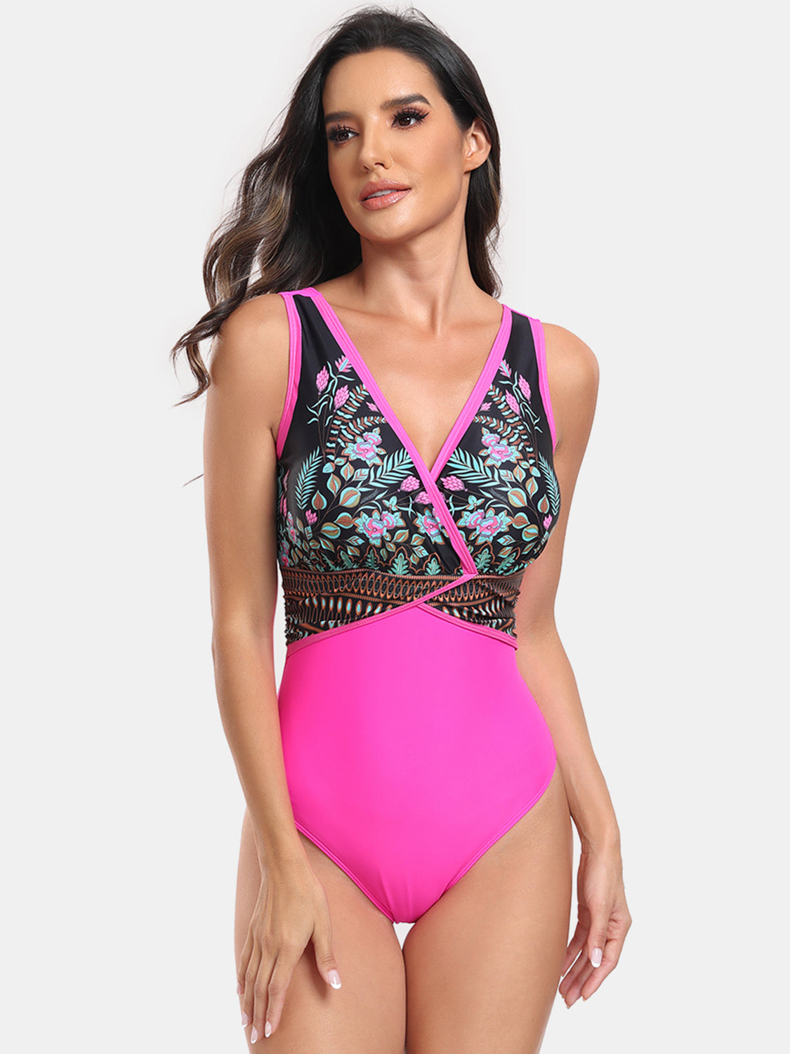 Printed Surplice Wide Strap One-Piece Swimwear-Jewearrings