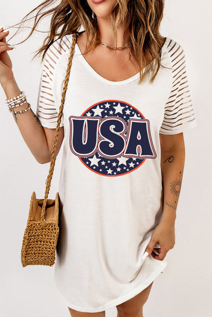 USA Sheer Striped Sleeve Tee Dress-Jewearrings