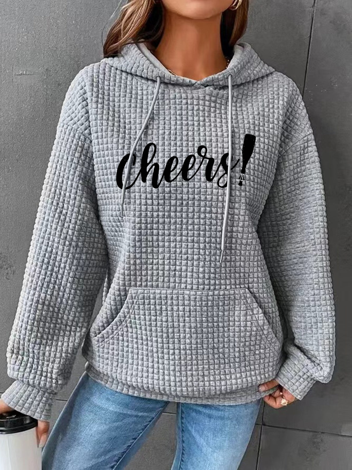 Full Size CHEERS Waffle-Knit Drawstring Hoodie-Jewearrings