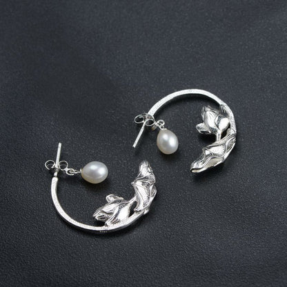 S925 Silver Brushed Lotus Pearl Earrings-Jewearrings