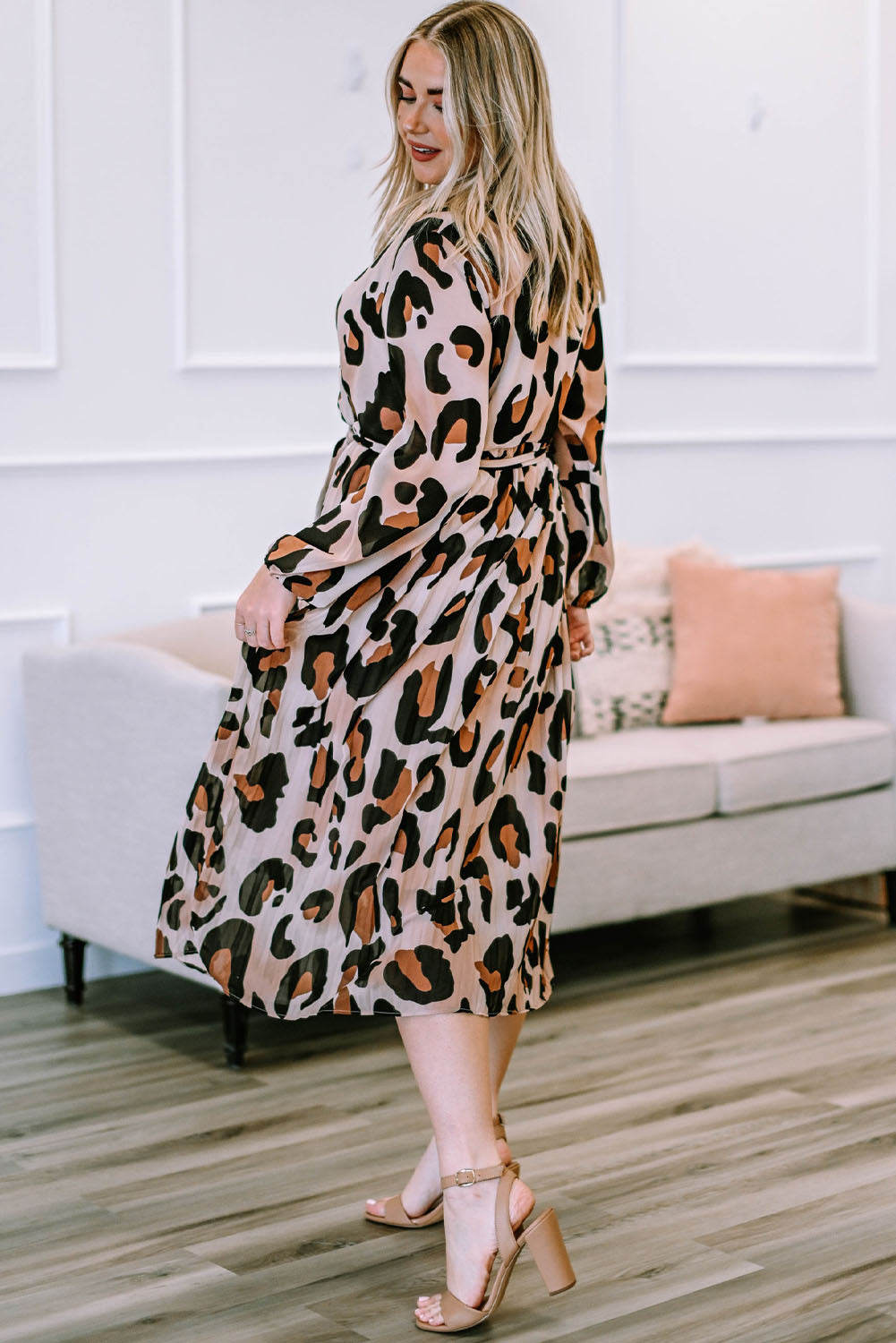 Plus Size Leopard Print Surplice Neck Long Sleeve Midi Dress-Jewearrings