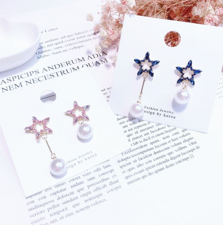 Pentagram Asymmetric Earrings Star Pearl Stud Earrings-Jewearrings