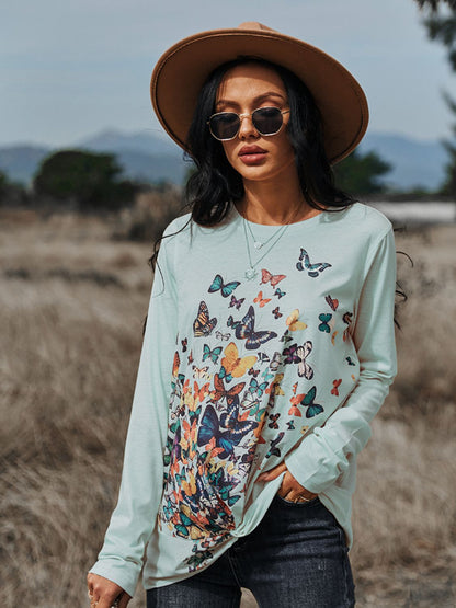 Butterflies Print Long Sleeve Round Neck Tee-Jewearrings