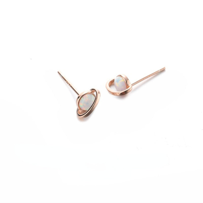 Minimalist White Fire Opal Planet Stud Earrings-Jewearrings