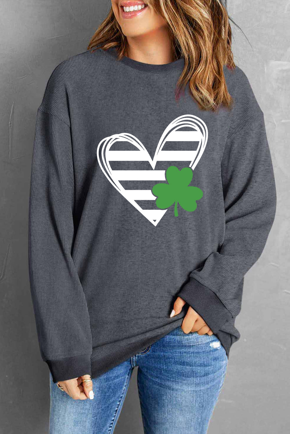 Heart Lucky Clover Round Neck Dropped Shoulder Sweatshirt-Jewearrings