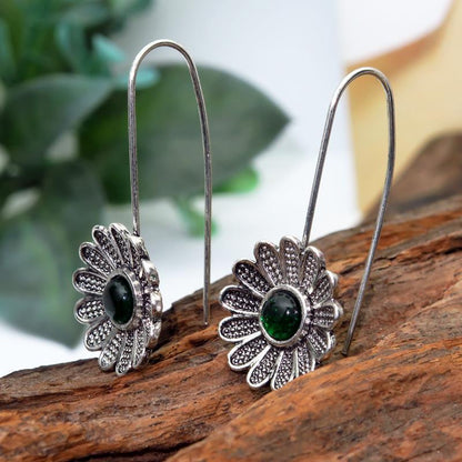 Ancient Silver Lotus Emerald Earrings-Jewearrings