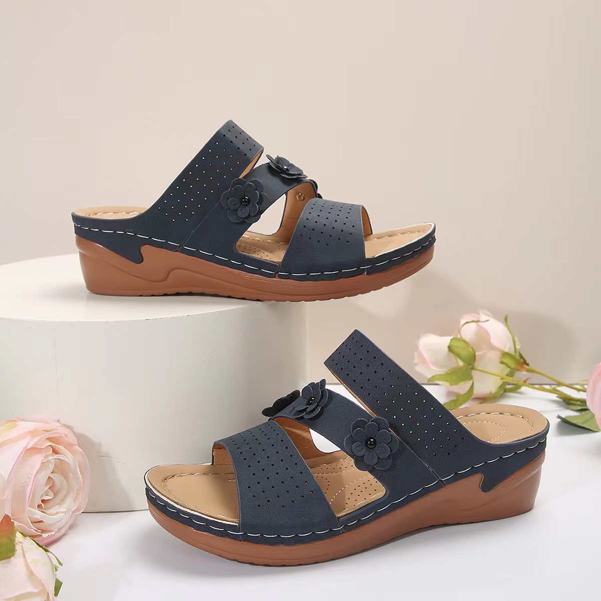 Flower PU Leather Wedge Sandals-Jewearrings