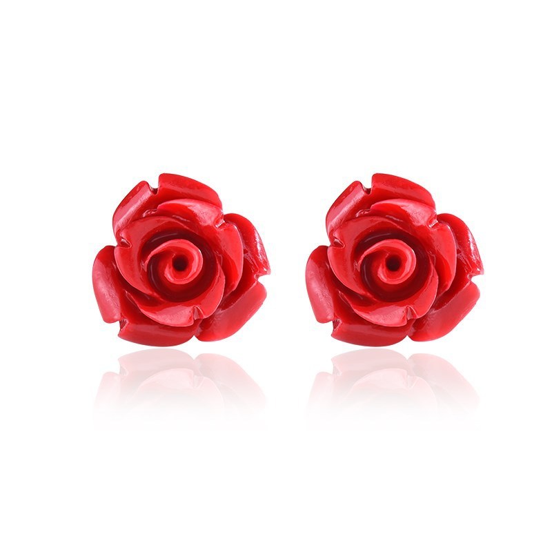 Ladies S925 Sterling Silver Red Rose Temperament Simple Earrings-Jewearrings