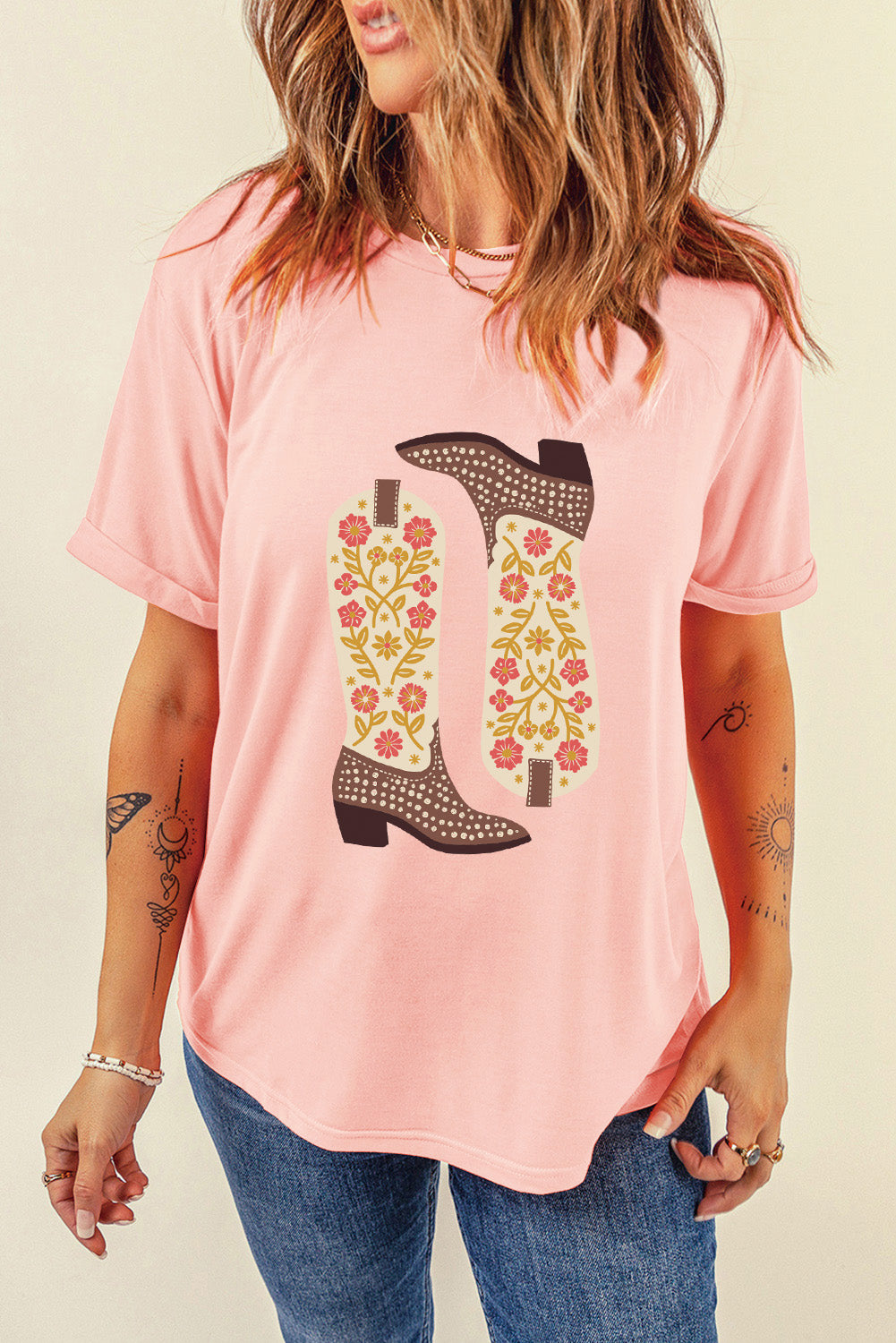 Boot Graphic Round Neck Short Sleeve T-Shirt-Jewearrings